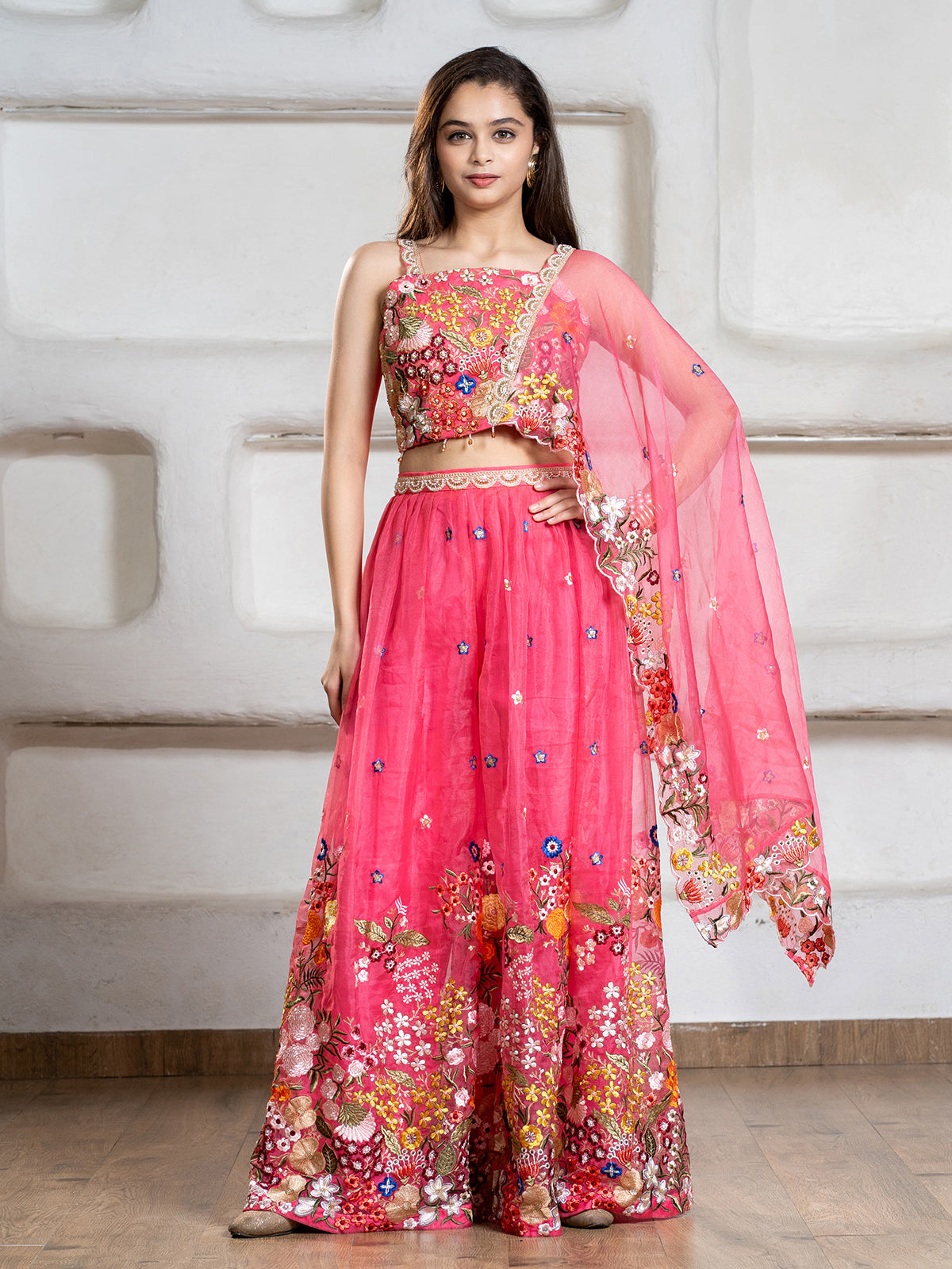 Pink tissue silk palazzo suit for girls