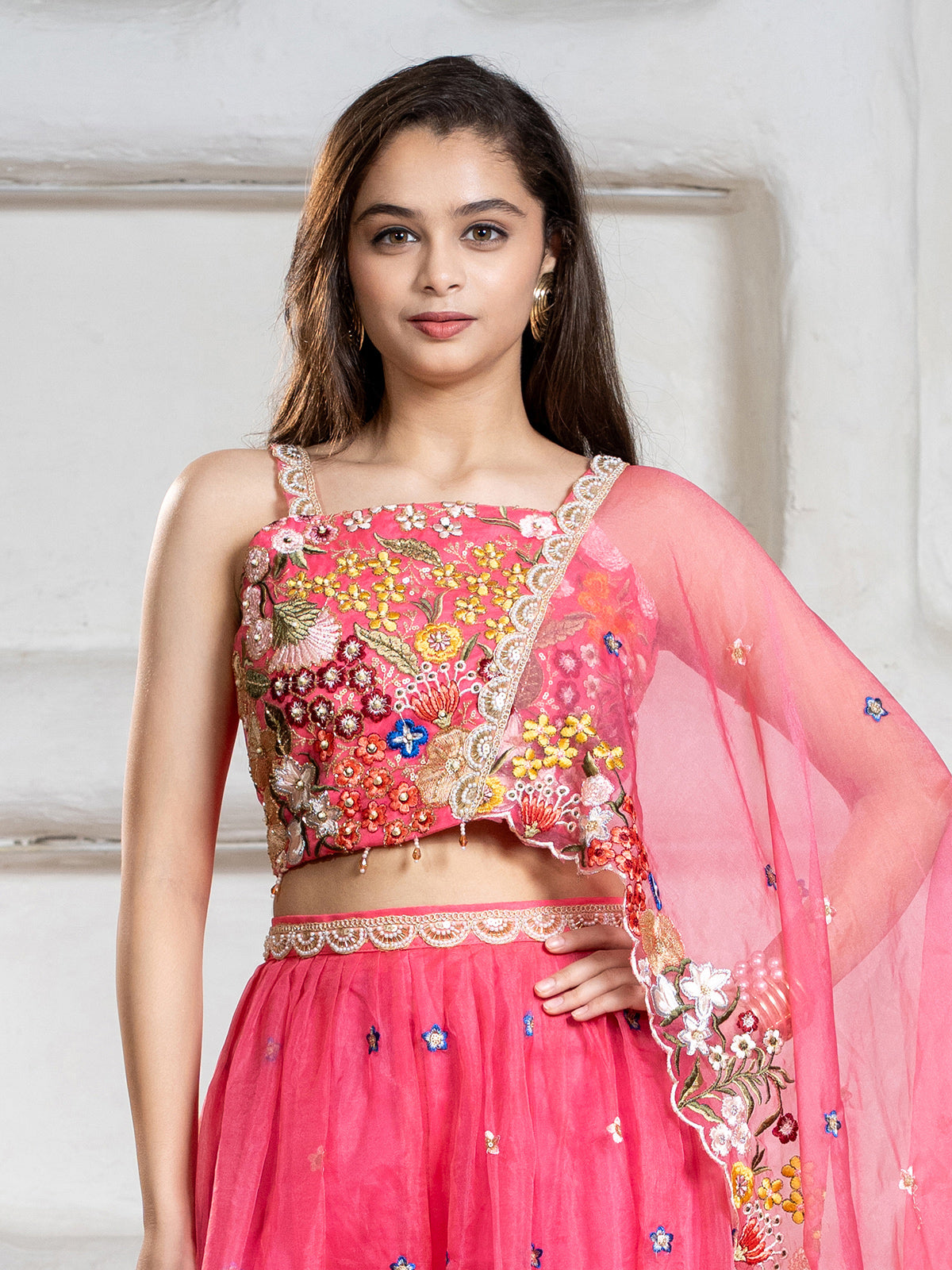 Pink tissue silk palazzo suit for girls
