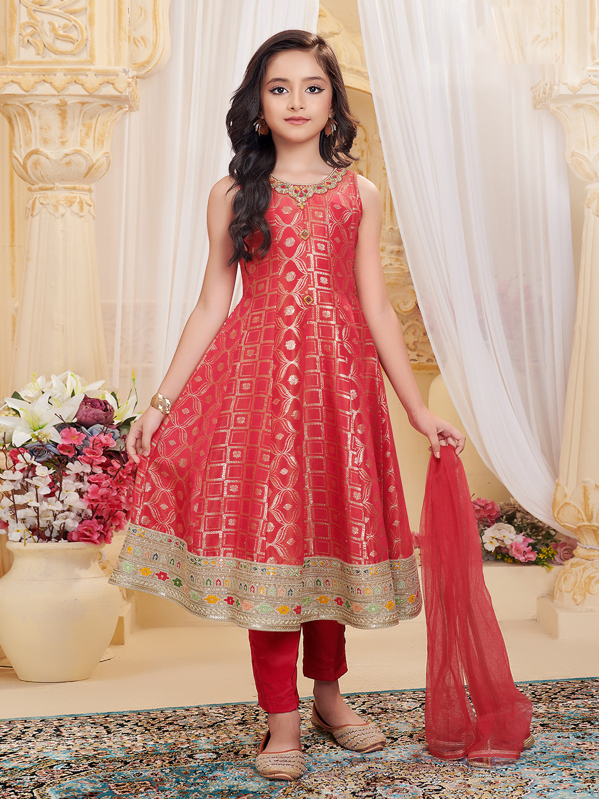 Dark peach silk anarkali suit with dupatta