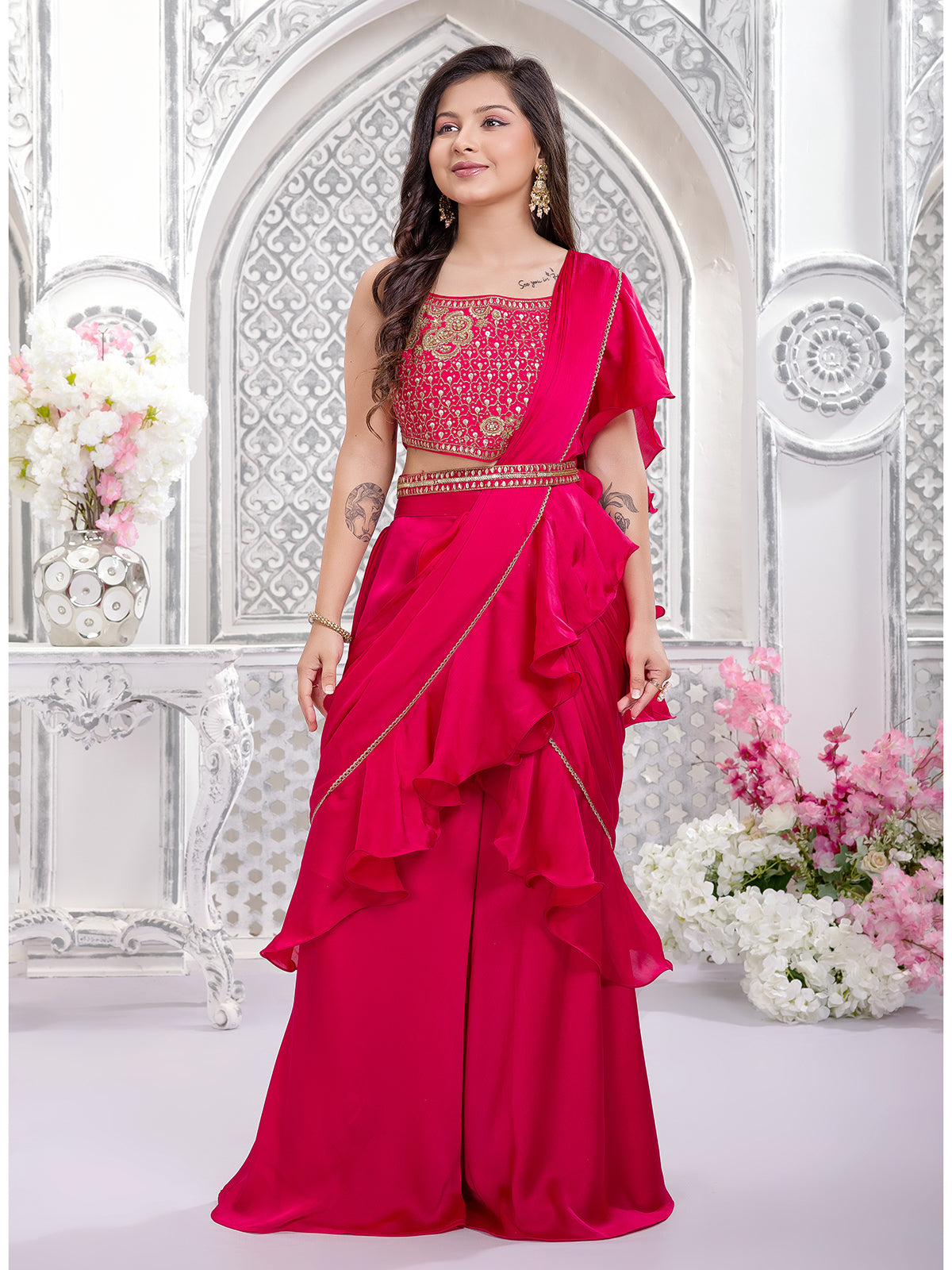 Red chiffon palazzo suit with ruffle dupatta