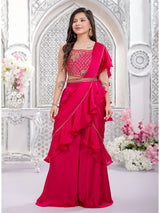 Red chiffon palazzo suit with ruffle dupatta