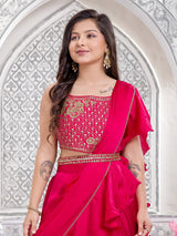 Red chiffon palazzo suit with ruffle dupatta