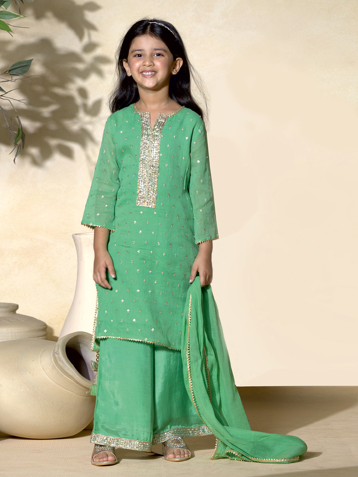 Green tissue silk palazzo suit for girls
