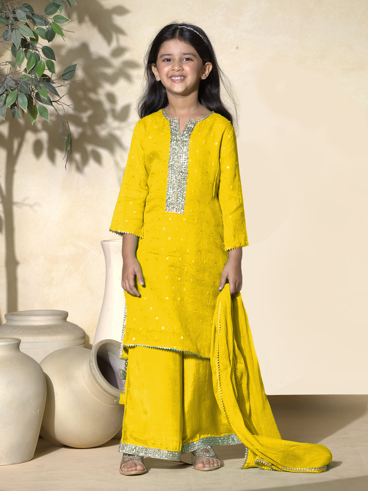 Yellow tissue silk palazzo suit for girls