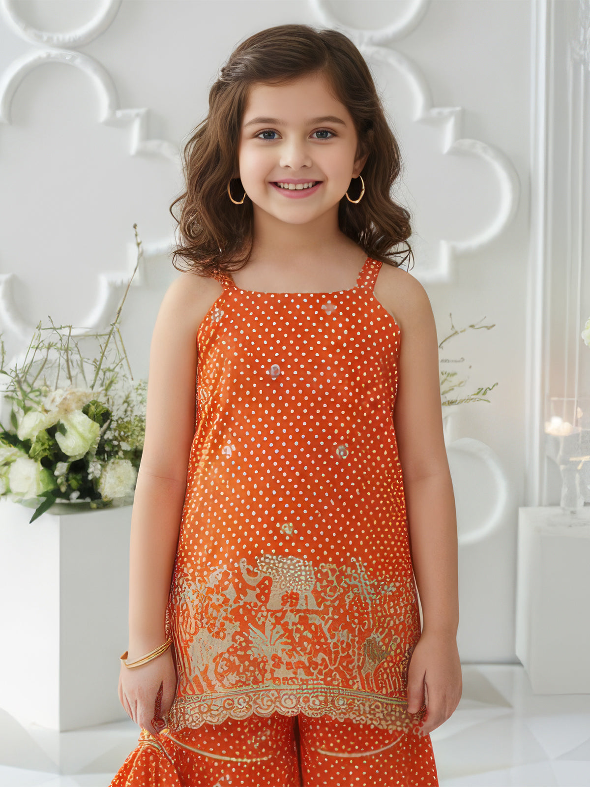 Orange silk printed sharara suit with dupatta