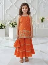 Orange silk printed sharara suit with dupatta