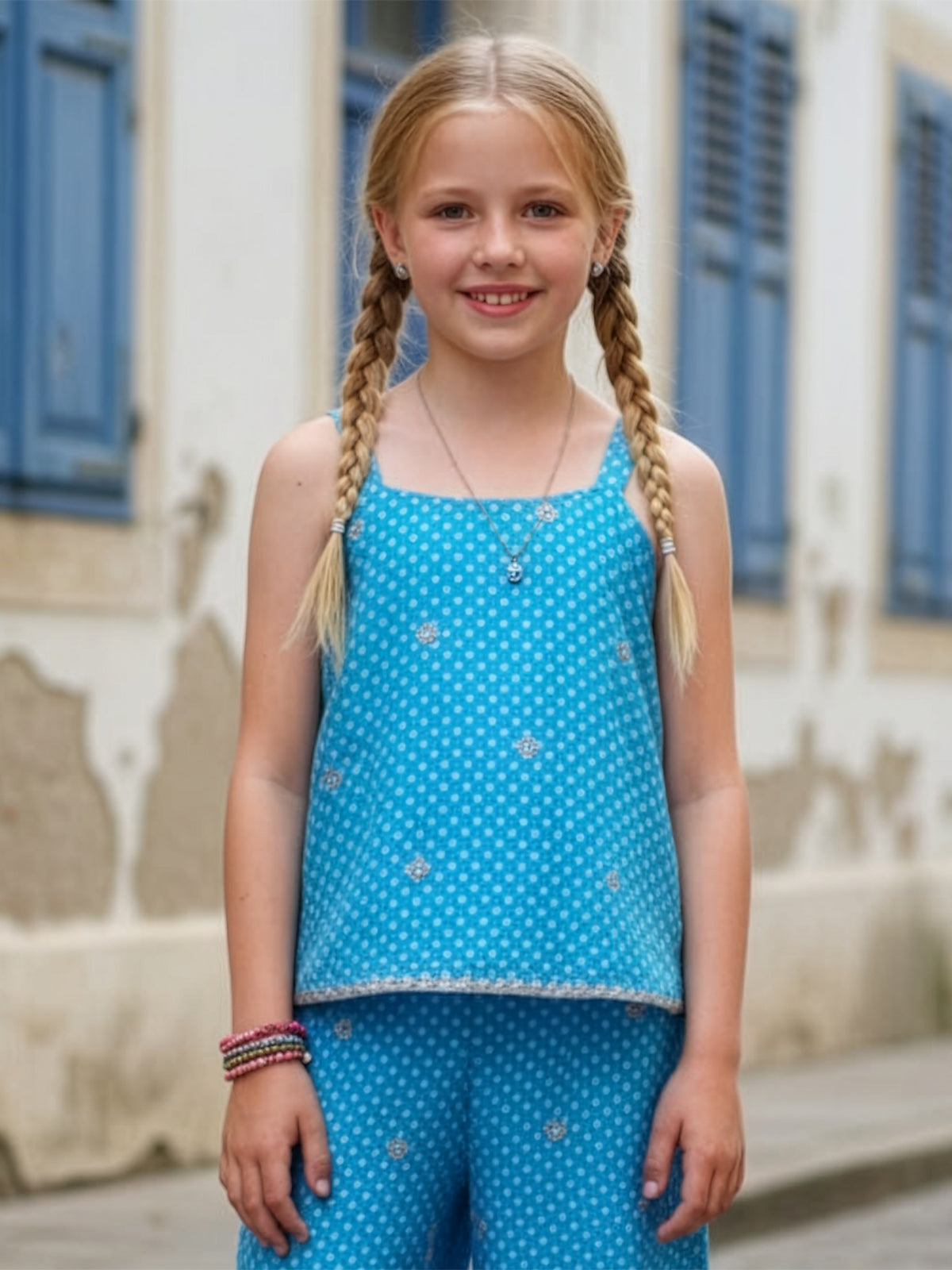 Blue printed silk co ord set for girls