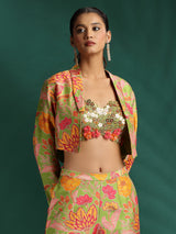 Elegant green silk palazzo suit with jacket for women