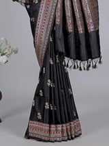 Black silk saree with zari and colorful motifs