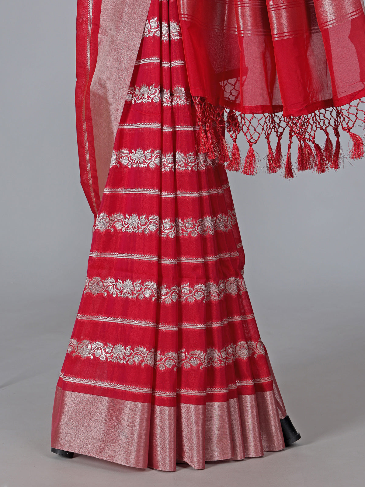 Red art silk zari work saree for celebrations