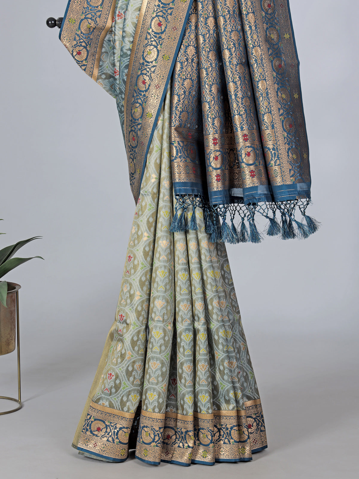 Light blue art silk floral printed zari saree