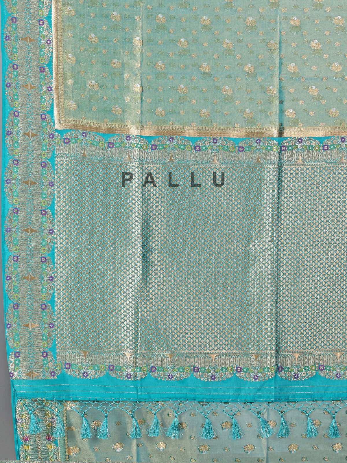 Aqua blue art silk zari contrast border saree
