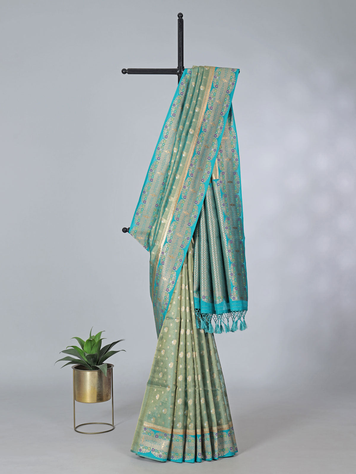 Aqua blue art silk zari contrast border saree