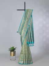 Aqua blue art silk zari contrast border saree