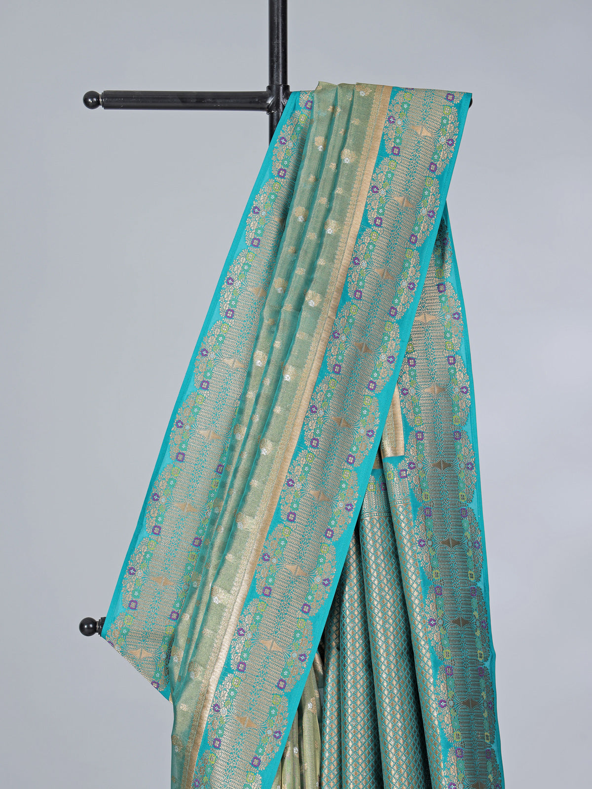 Aqua blue art silk zari contrast border saree