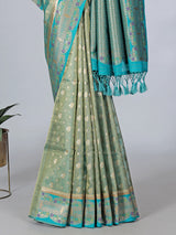 Aqua blue art silk zari contrast border saree