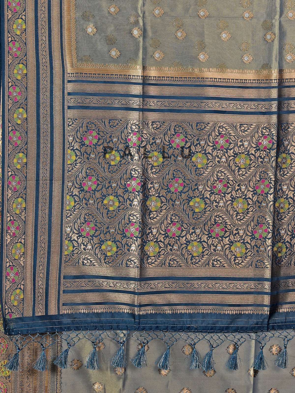 Navy art silk floral printed zari border saree
