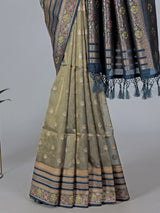 Navy art silk floral printed zari border saree