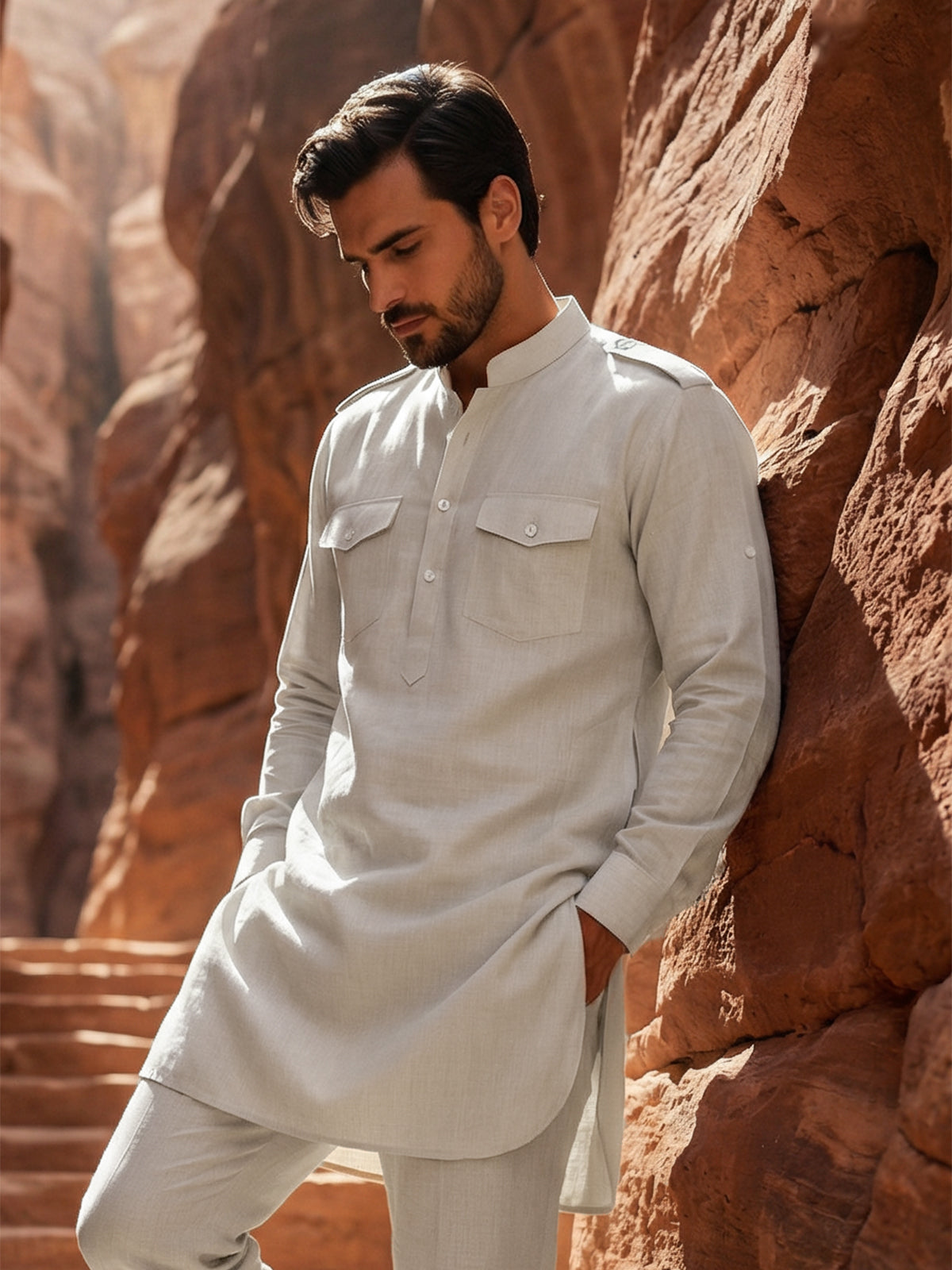 Cream elegant mandarin collar pathani suit