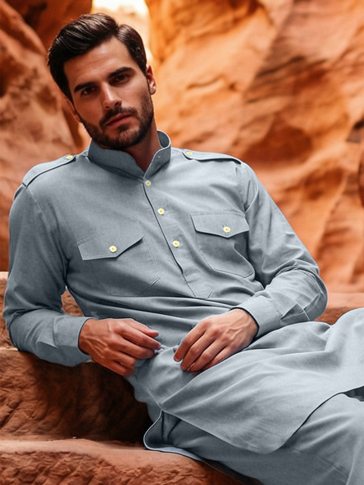 Sky blue modern mandarin collar pathani