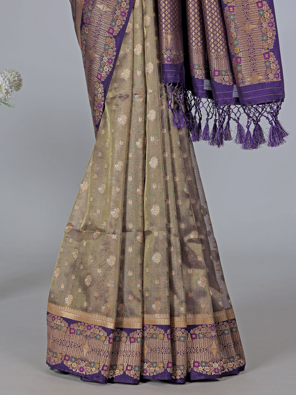 Purple art silk zari butti work saree