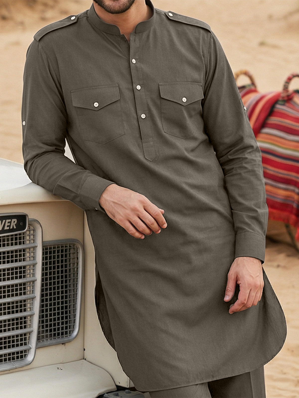 Bottle green elegant mandarin pathani ensemble