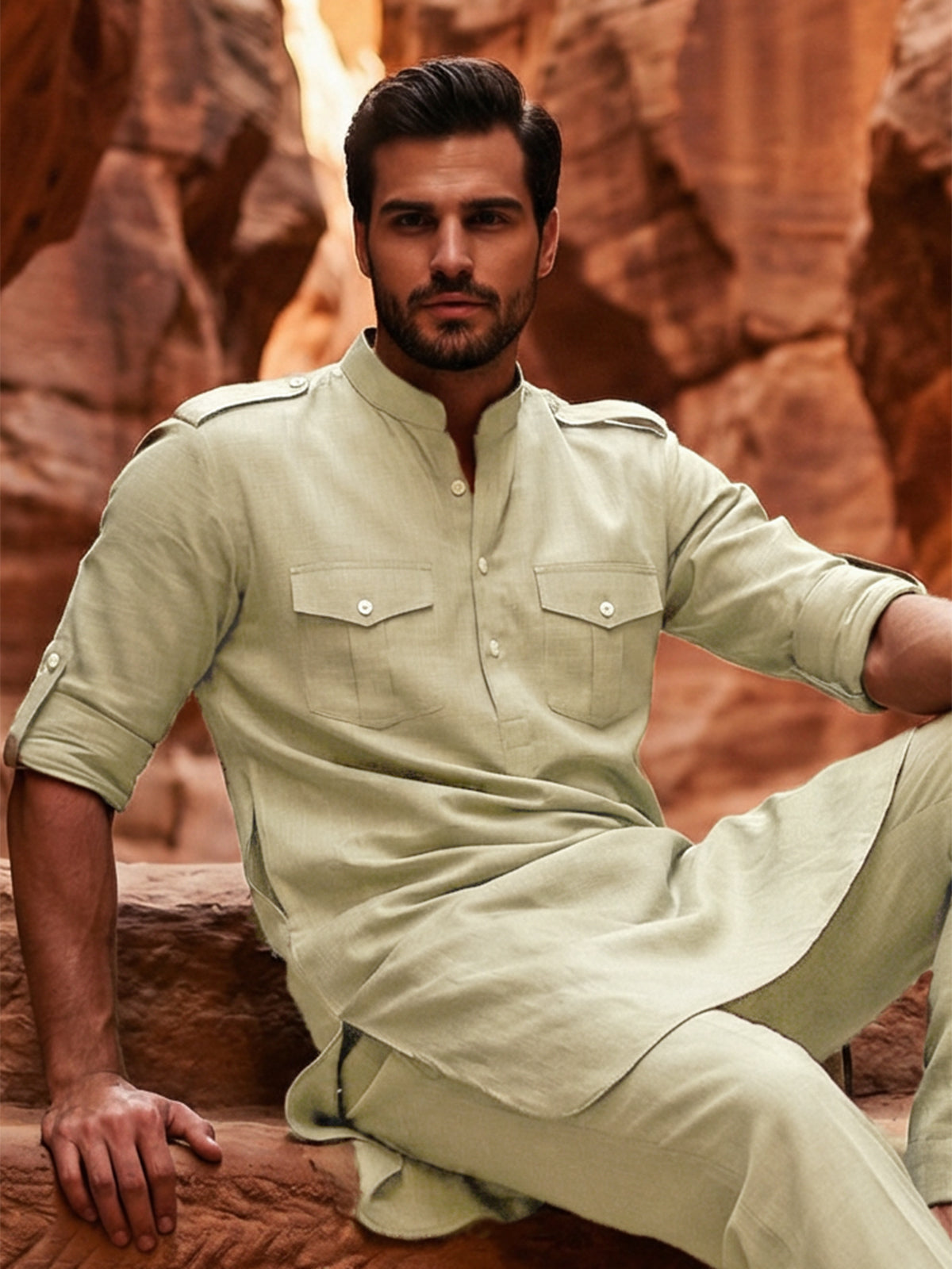 Deep green stylish mandarin pathani suit