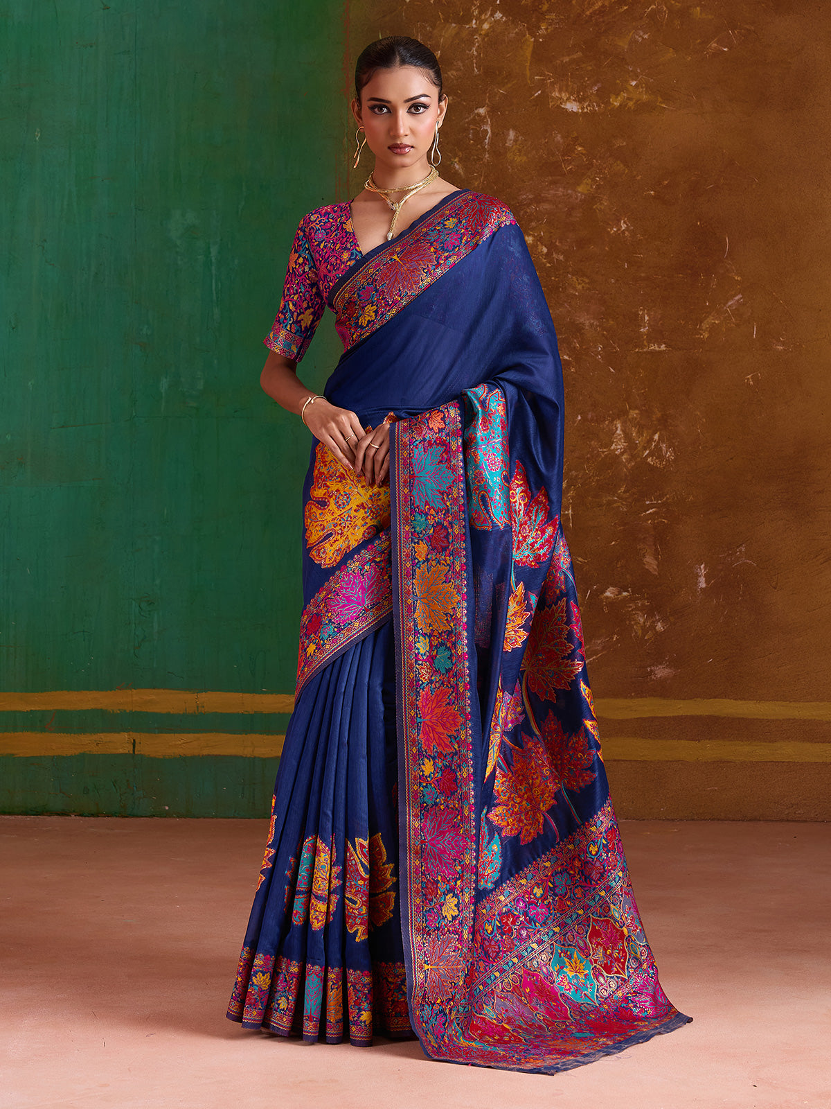 Navy blue modal cotton embroidered saree