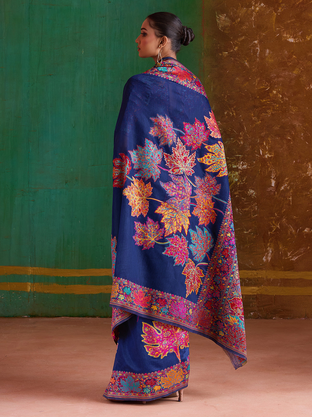 Navy blue modal cotton embroidered saree
