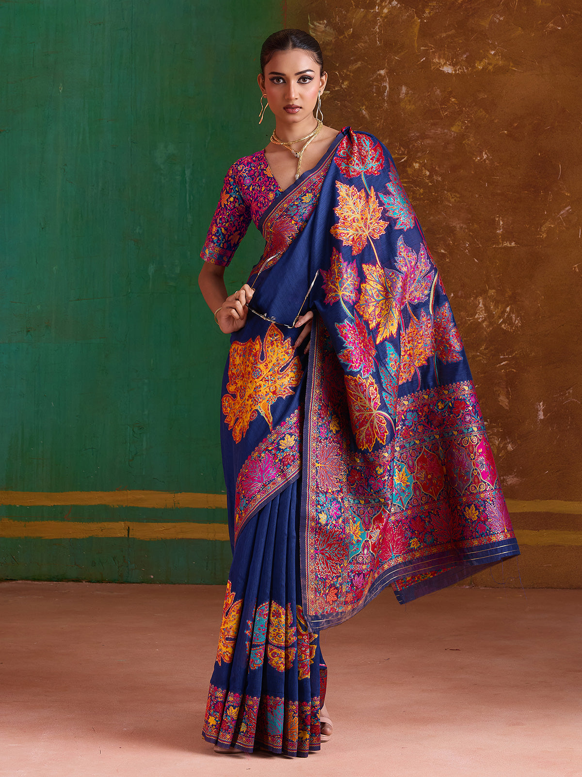 Navy blue modal cotton embroidered saree