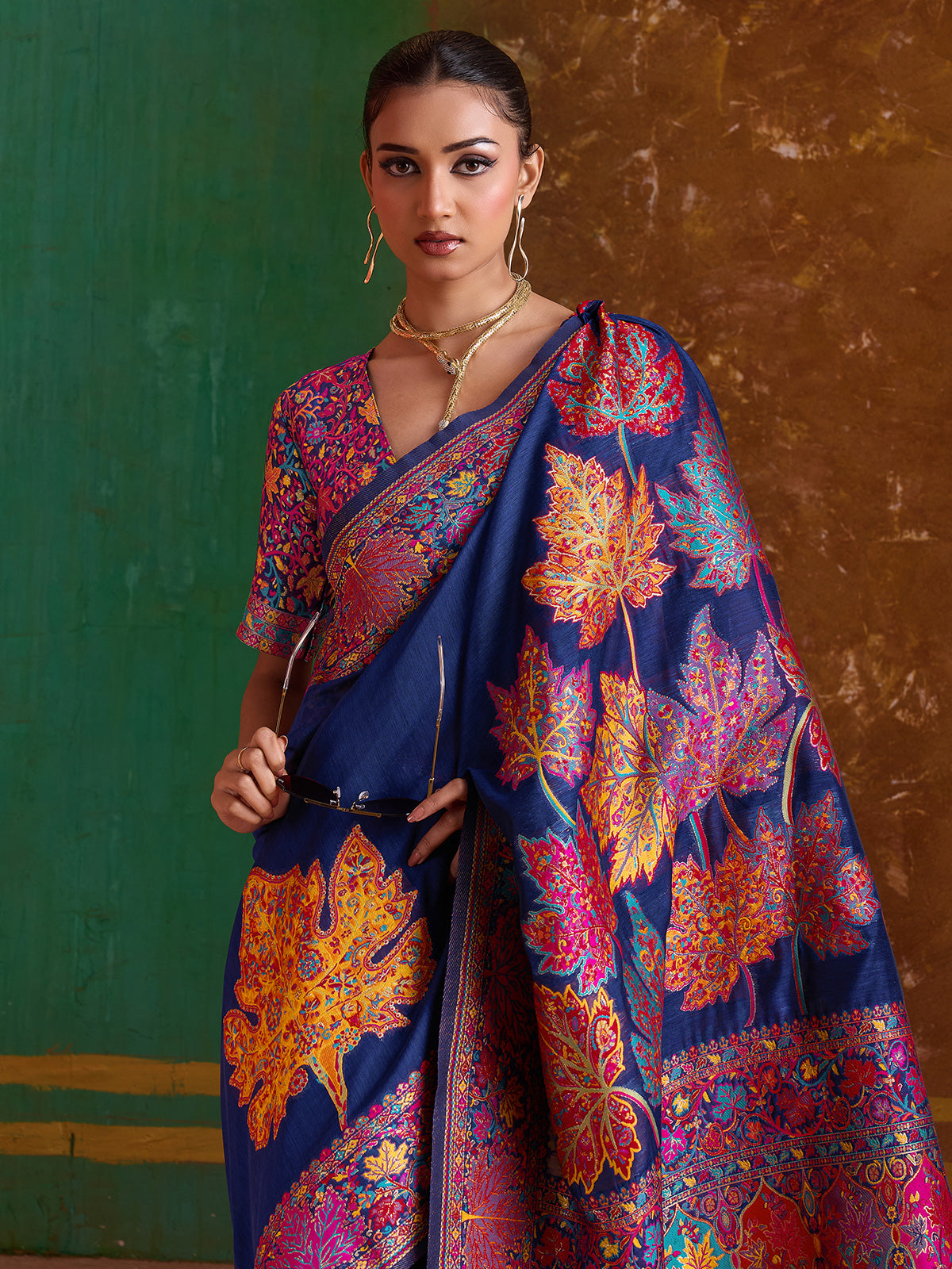 Navy blue modal cotton embroidered saree