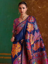 Navy blue modal cotton embroidered saree