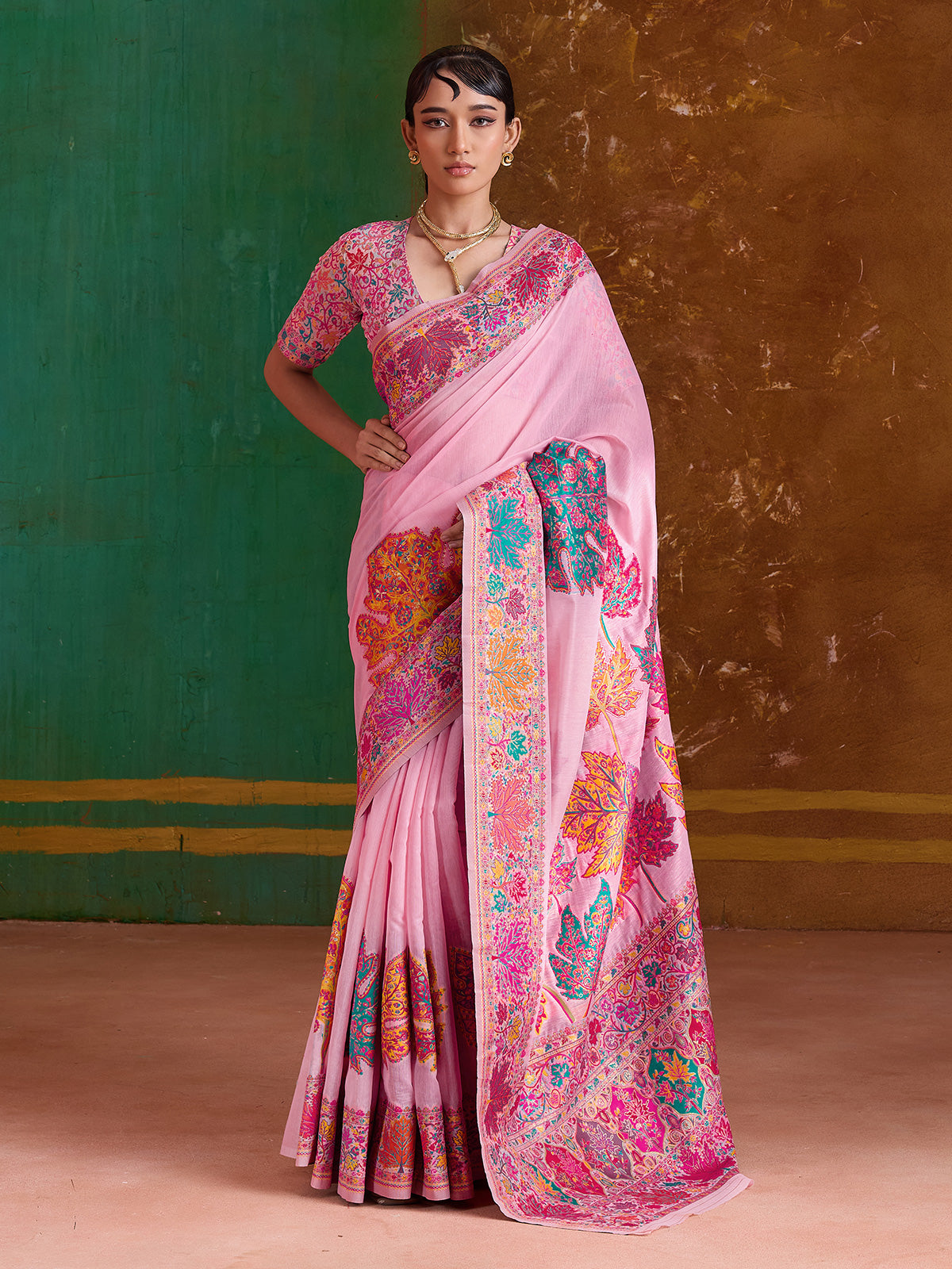 Pink modal cotton festive embroidered saree