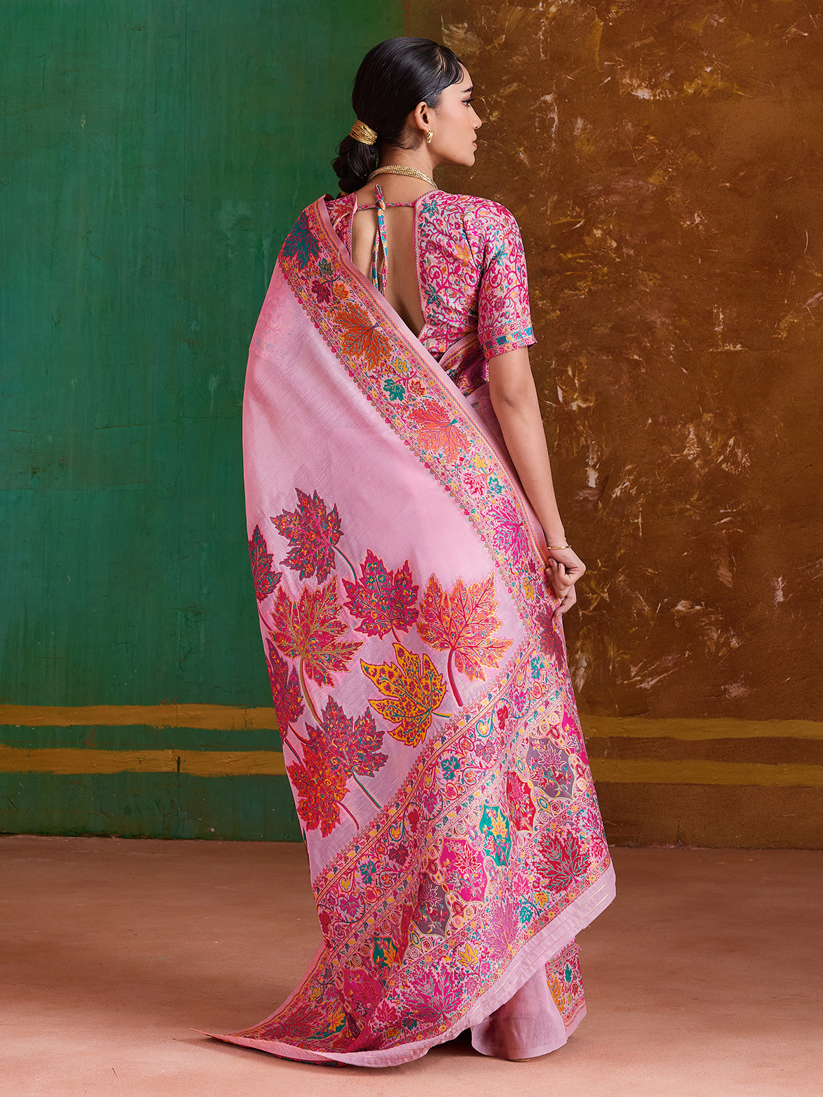 Pink modal cotton festive embroidered saree