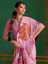 Pink modal cotton festive embroidered saree