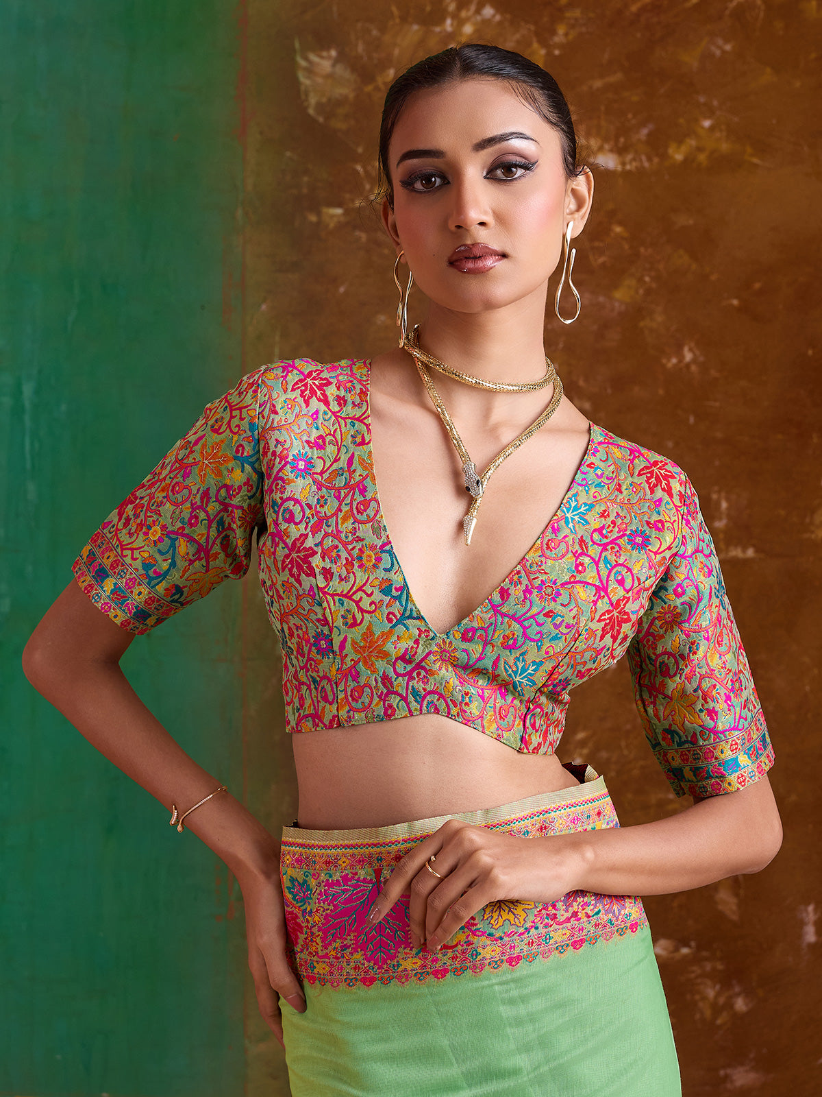 Green modal cotton woven embroidered saree