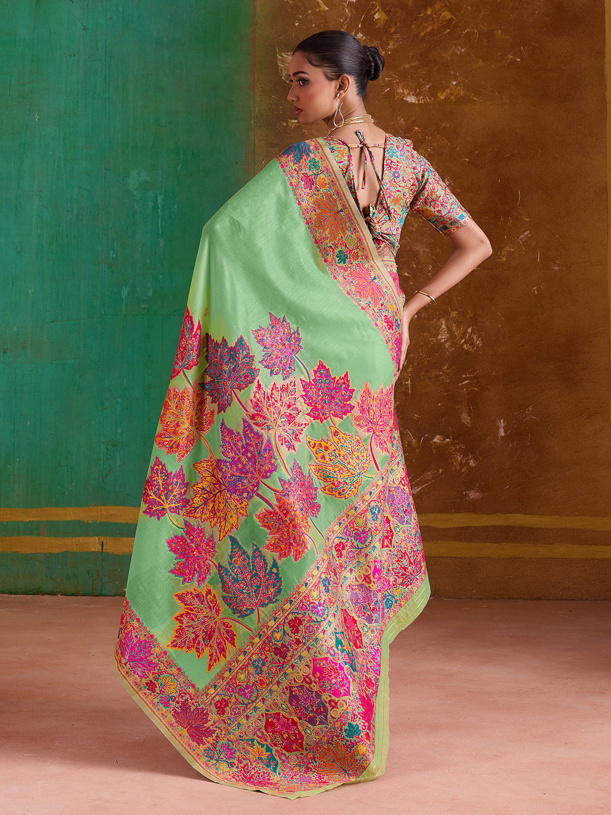 Green modal cotton woven embroidered saree