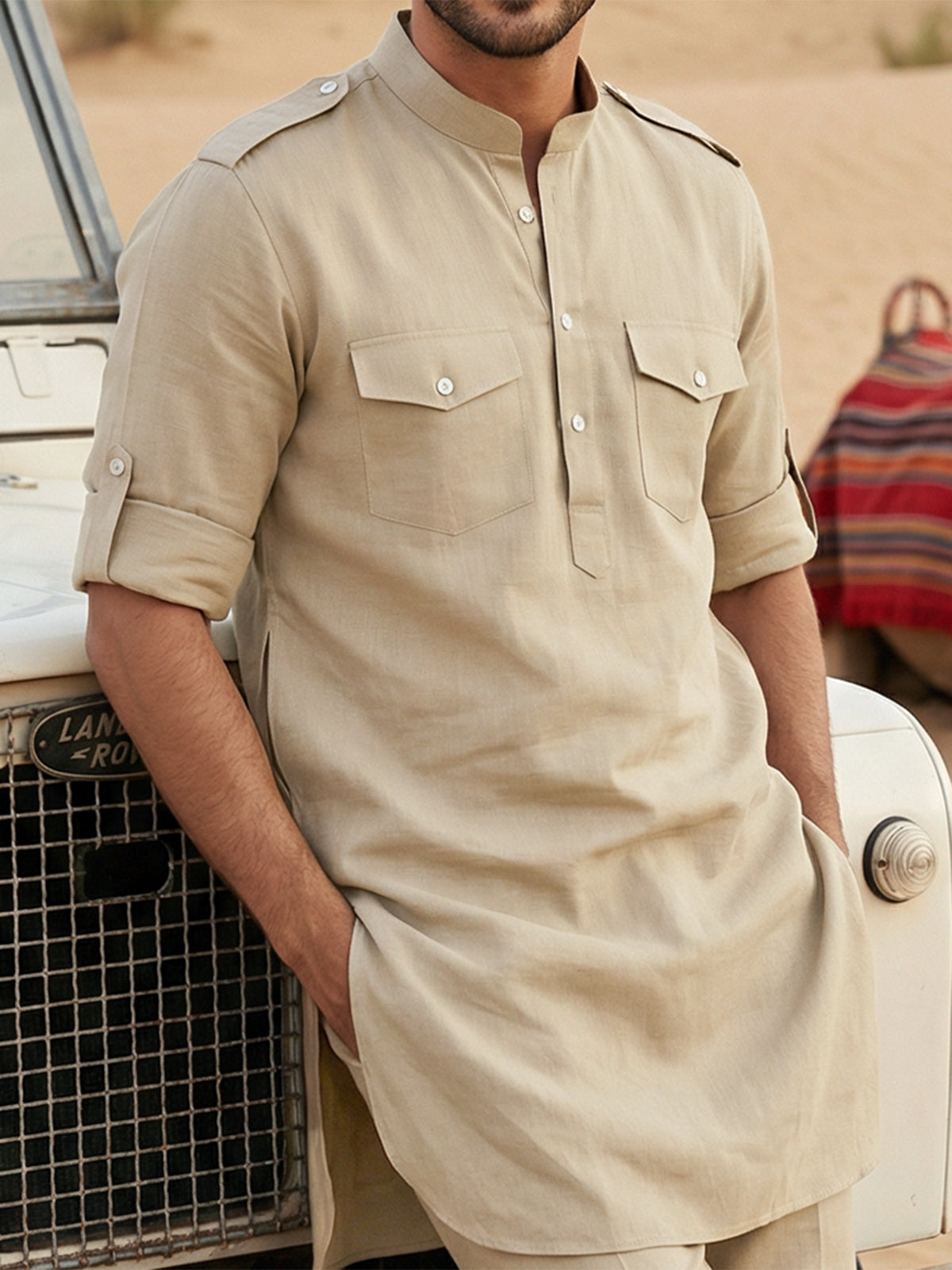 Khaki sleek mandarin collar pathani suit