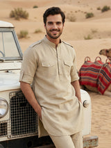 Khaki sleek mandarin collar pathani suit