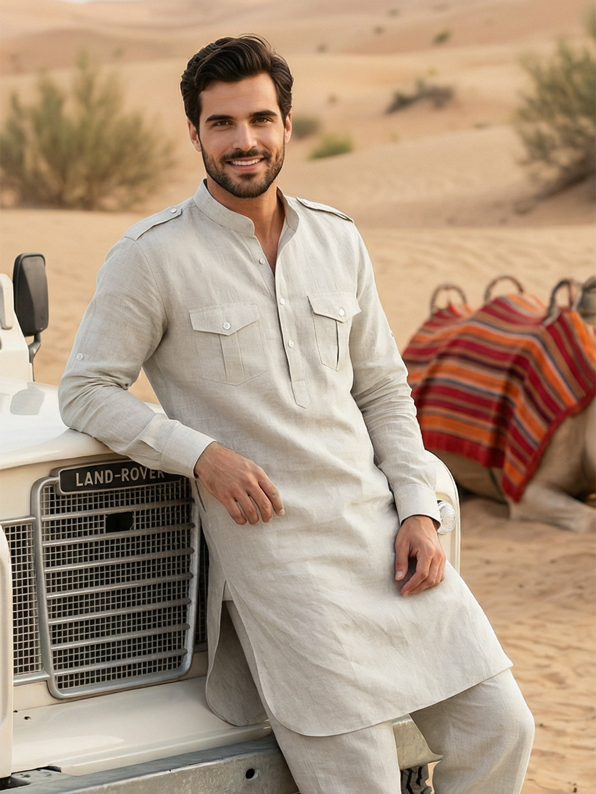 Natural beige modern mandarin pathani outfit