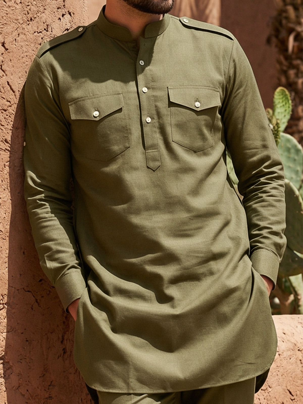 Mehandi green contemporary mandarin pathani suit