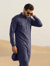 Navy blue stylish mandarin pathani ensemble