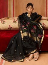 Black handloom zari floral organza saree