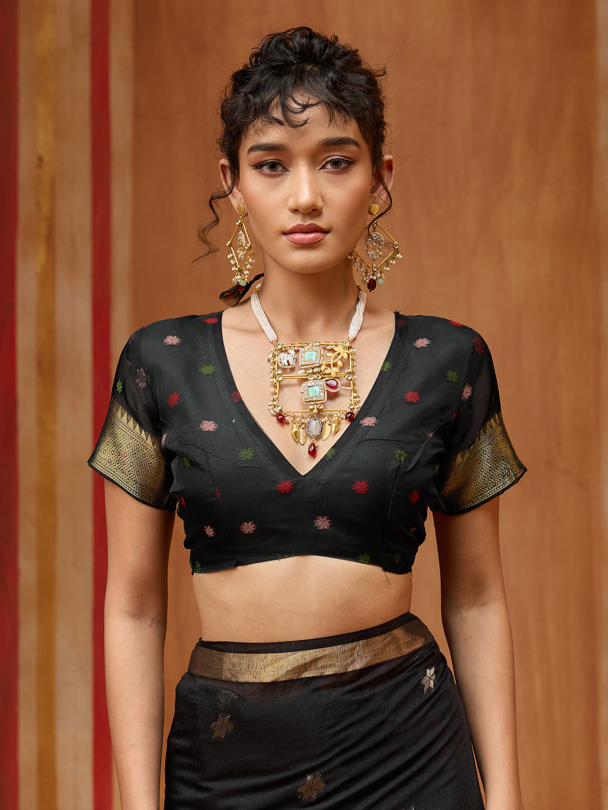 Black handloom zari floral organza saree
