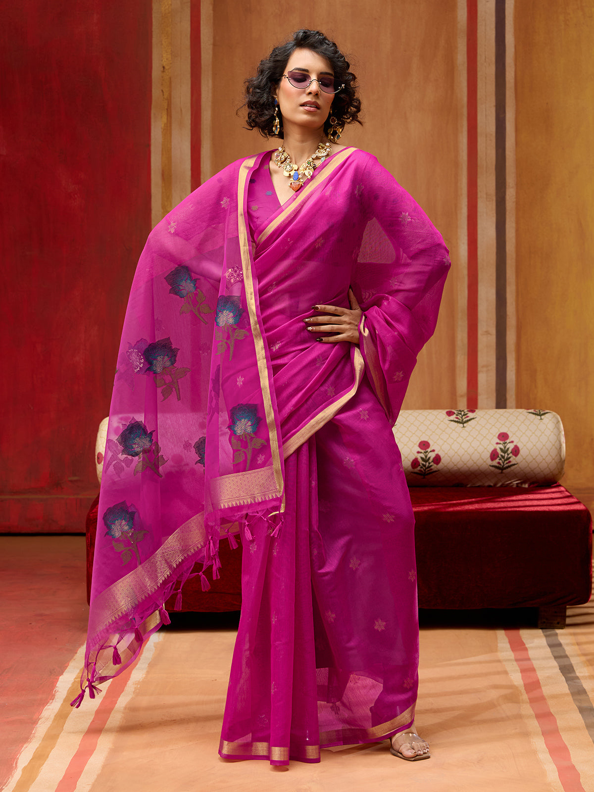 Pink handloom zari floral organza saree