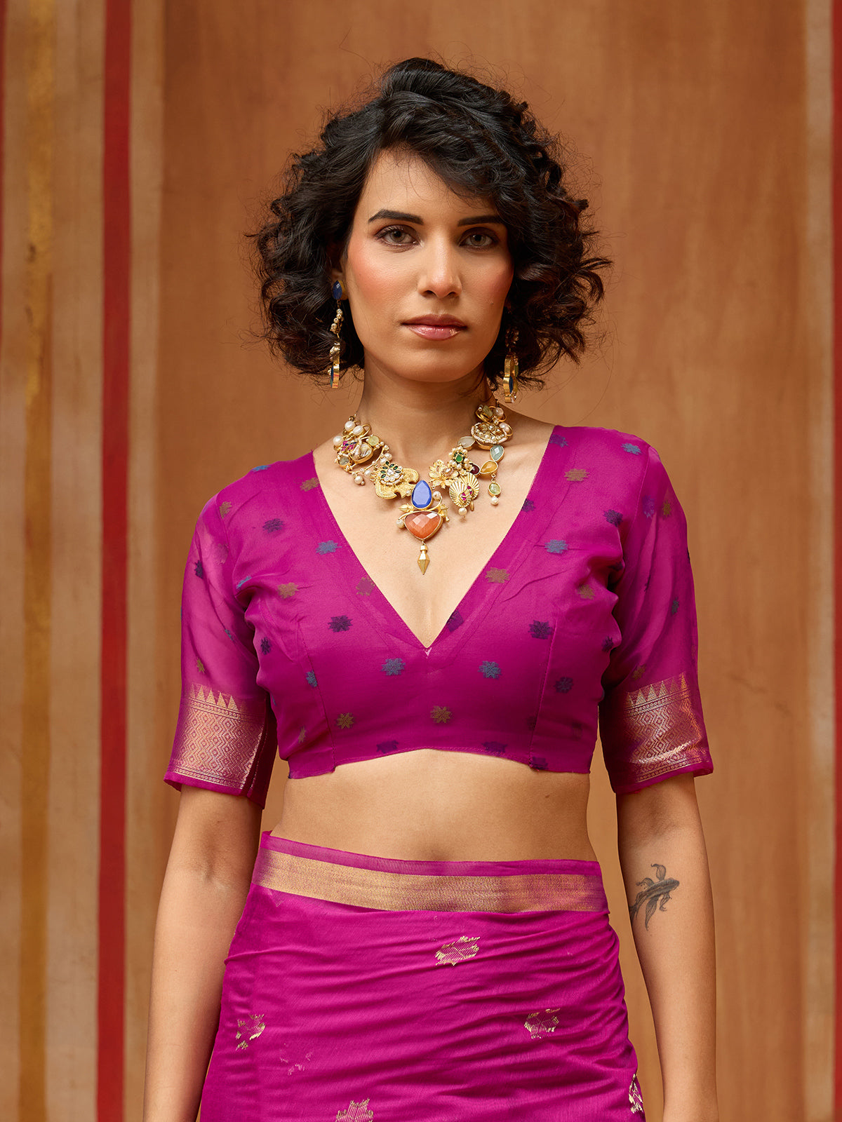 Pink handloom zari floral organza saree