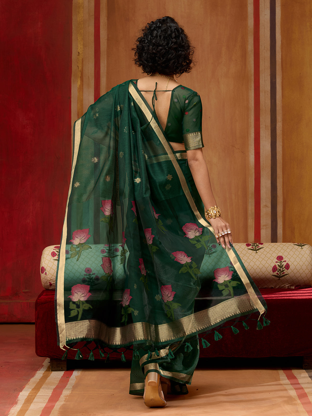 Green handloom zari floral organza saree