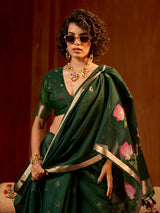 Green handloom zari floral organza saree
