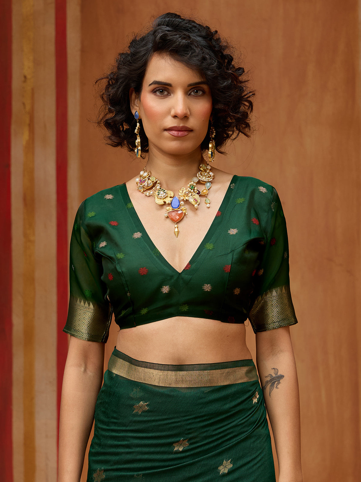 Green handloom zari floral organza saree