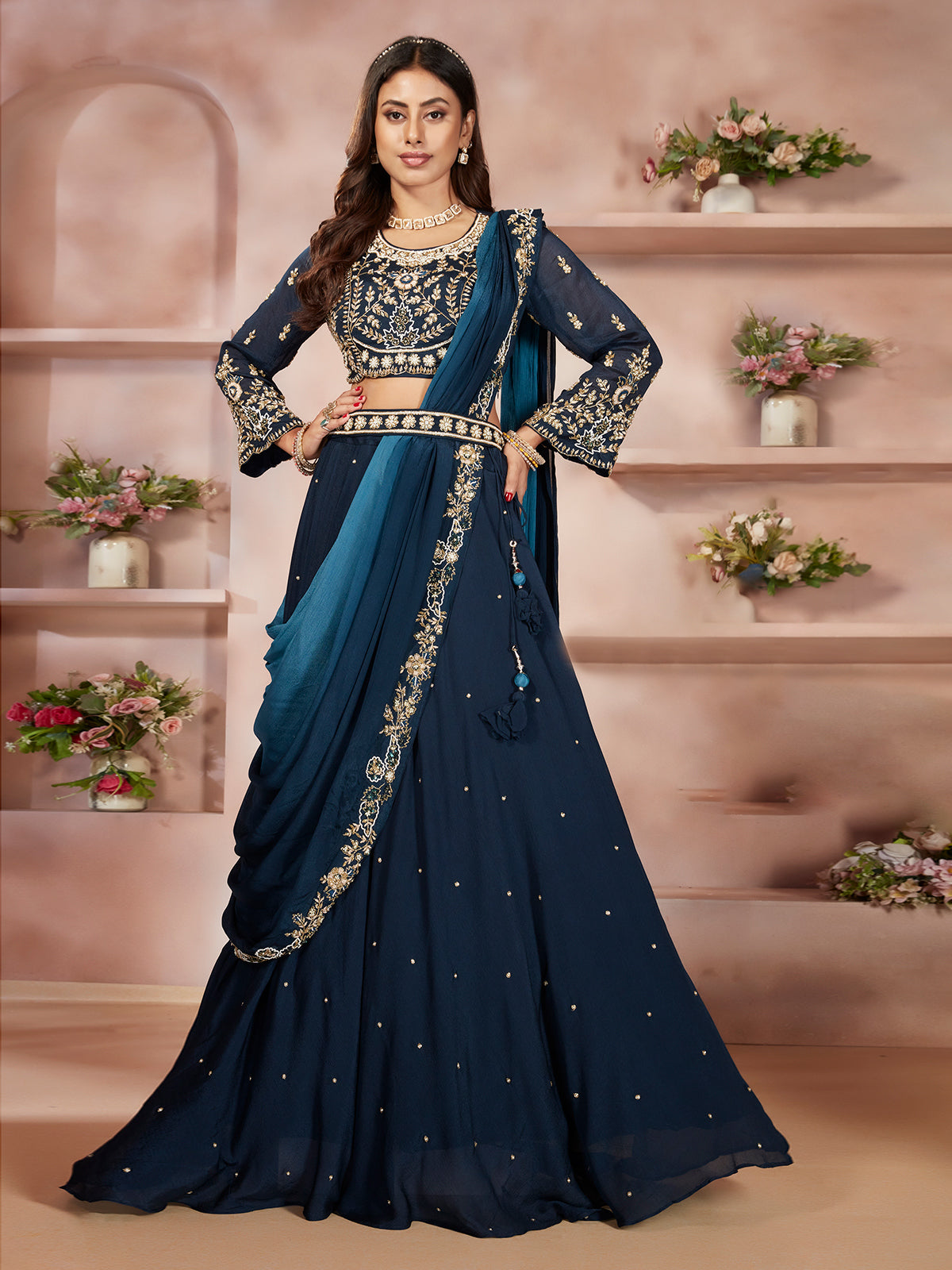 Navy georgette zardosi designer lehenga choli